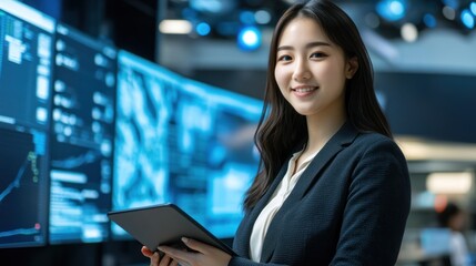Fototapeta premium Young adult Asian woman with a confident smile standing in a modern tech workspace, holding a tablet while looking at the camera, surrounded by digital screens and tech gadgets