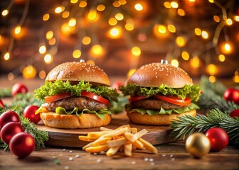 Juicy burgers and crispy fries arranged on a festive holiday background with ornaments, garlands, and confetti, perfect for Christmas Day menu advertising posters and banners.