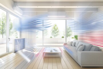Ventilation system with colorful airflow patterns in a modern living room, showcasing advanced air conditioning technology for optimal temperature and comfort in a stylish home.