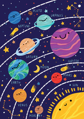 Cartoon planets. Solar system for kids. Galaxy. Mercury, Venus, Mars, Earth, Saturn, Uranus, Pluto, Jupiter, Neptune, Sun. Funny planets for children. Flat vector illustration.