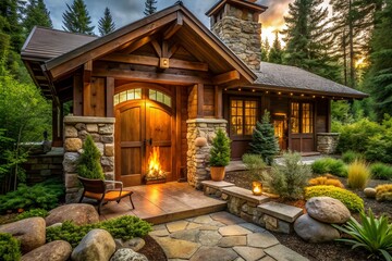 Inviting rustic lodge entrance features warm honey-colored wooden door adorned with stone accents, surrounded by lush greenery, and a cozy fire pit outside, evoking warmth and serenity.