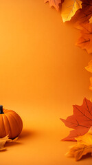 A pumpkin sits on a table next to some orange leaves. The leaves are orange and arranged in a way that creates a border around the pumpkin. Scene is warm and inviting