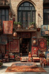 Fototapeta premium A shop front displays a vibrant collection of colorful rugs in a brick building.