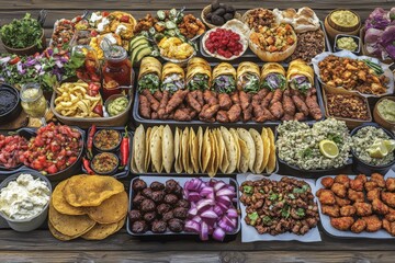 A table laden with a variety of delicious food, including tacos, wraps, fried chicken, and many side dishes.