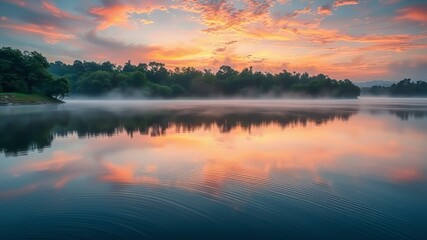 Fototapeta premium A serene morning scene at a tranquil lake with a misty sunrise sky, calm water reflecting the surrounding