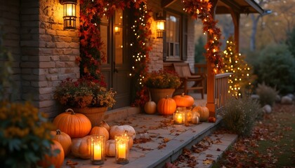 Fototapeta premium A porch decorated with pumpkins, candles, and autumn leaves, creating a warm and inviting atmosphere for the fall season