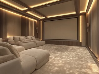modern home cinema room in light colors with a blank big screen