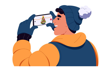 Young man in winter hat takes photo of Christmas tree by smartphone outdoor back view. Person in wool gloves photography Xmas firtree by phone. Flat isolated vector illustration on white background