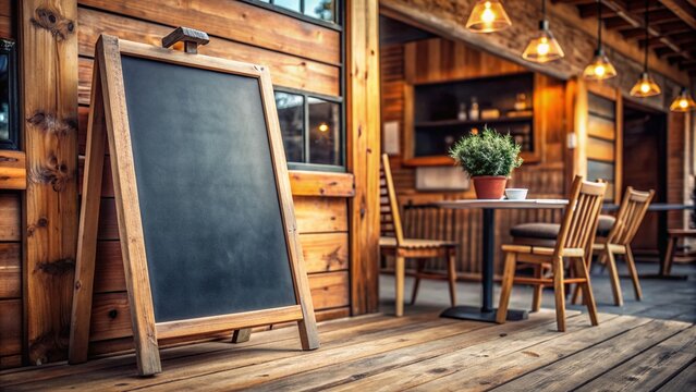 Empty blackboard menu stand awaiting daily specials, set against a rustic wooden wall, outside a charming cafe, with a warm and inviting atmosphere.