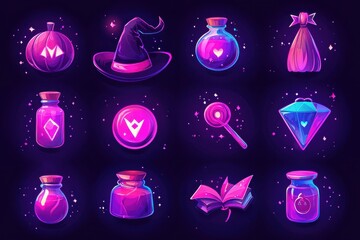 Magical potion bottles and accessories in neon style