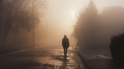 Fototapeta premium Person walking alone in a foggy street at night with moody lighting