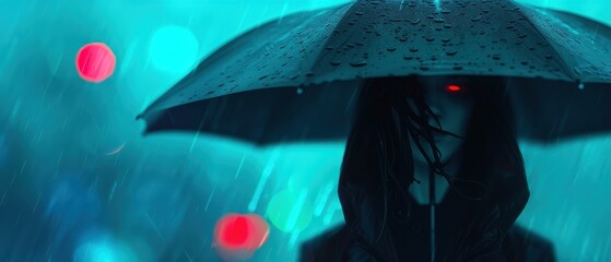Mysterious Woman with Umbrella in Rainy Night, a haunting figure shrouded in darkness, gripping an umbrella from which eerie black tentacles emerge, evoking a sense of dread and intrigue.
