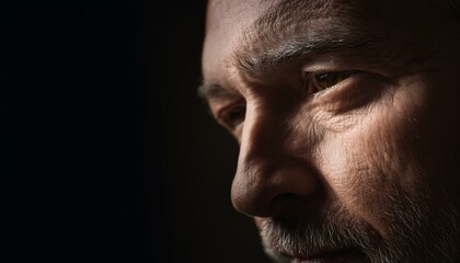 Obraz premium Detailed close-up of an elderly man's face in deep thought, highlighting wrinkles and expression, set against a dark background.