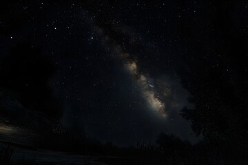 A dark night sky with stars and the Milky Way galaxy in view. 