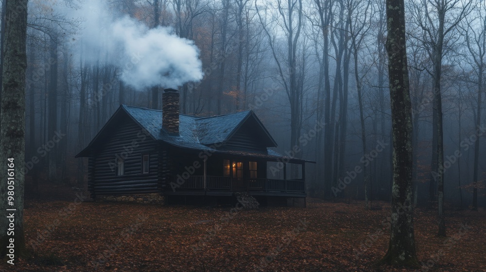 Poster A log cabin nestled in a foggy forest exudes warmth with smoke billowing from the chimney. Soft light glows from a window, creating a charming contrast with the surrounding trees and twilight.