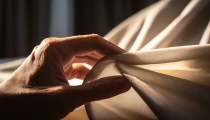 Close-up of a hand gently gripping light fabric, illuminated by warm sunlight, capturing texture and softness.