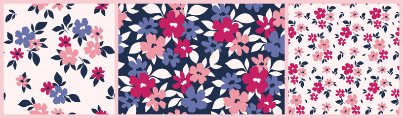 Seamless floral pattern, liberty ditsy print, abstract ornament in country motif. Cute botanical design set: small hand drawn flowers, tiny leaves, simple purple, pink bouquets. Vector illustration.