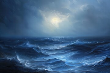 Midnight Waves, a serene depiction of the ocean under a starlit sky, showcasing gentle waves reflecting moonlight, creating a tranquil and mystical atmosphere.