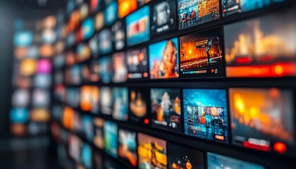 Wall of Video Streaming Services, Showing Thumbnail Previews With Colorful Moving Images and Text.