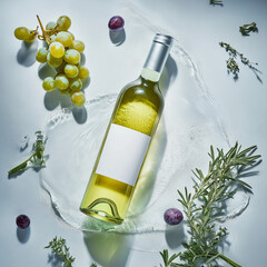 Product photography of a white wine bottle laying on water, surrounded by grapes and herbs with a blank label for text in the middle of the photo, on a light grey background