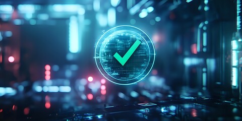 A glowing green checkmark symbol in a digital circle, surrounded by blurred blue and red lights, conveying success, approval, and accomplishment.