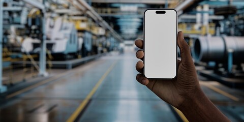 Black African-American male using smartphone with a blank white screen. Industrial, manufacturing plant, machinery apps mockup. Vertical phone orientation