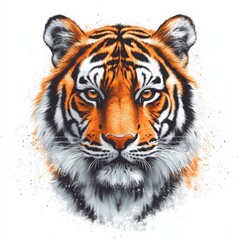 Obraz premium Tiger Portrait: Fierce and captivating, a close-up portrait of a majestic tiger with intense gaze and striking orange and black stripes. The animal's powerful presence is enhanced by a subtle splatter