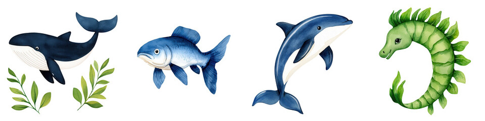 Illustration of marine animals including a whale, fish, dolphin, and seahorse, depicting vibrant underwater wildlife.