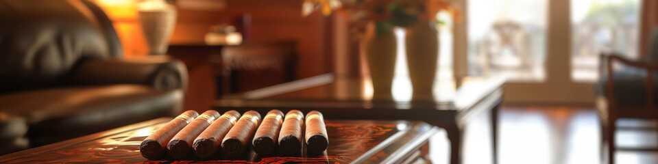 Luxurious Lounge with Cigars on Wooden Table in Warm Ambient Lighting