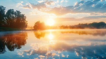 Fototapeta premium Misty sunrise over calm lake with reflections of trees and soft morning light