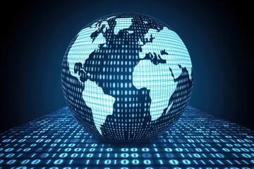 A digital globe made of binary code representing the fusion of technology and global connectivity.