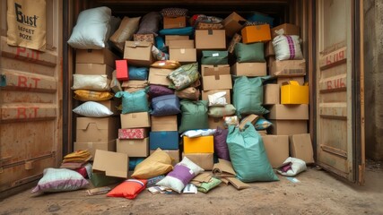 Fototapeta premium A storage container overflowing with colorful boxes, bags, and packages, straining at the seams, spilling contents