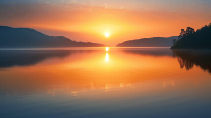 Obraz premium Misty sunrise over calm lake with reflections of trees and soft morning light