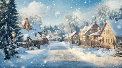 Fototapeta premium Snowy village landscape with cozy cottages and falling snowflakes on a winter day