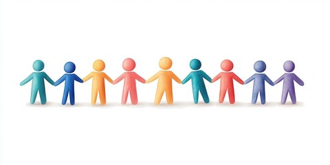 Fototapeta premium Colorful figures standing together holding hands, symbolizing unity, friendship, and togetherness in a cheerful environment.