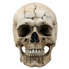 Obraz premium Skull with detailed cracks, hollow eye sockets, and sharp teeth, realistic bone texture, isolated on a white background. 