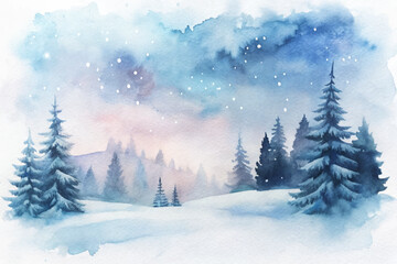 Fototapeta premium A painting of a snowy forest with pine trees and a sky full of stars