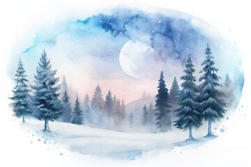A painting of a snowy forest with a full moon in the sky