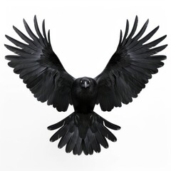 Fototapeta premium Raven with wings slightly spread, black feathers, sharp beak and intense eyes, isolated on a white background. 