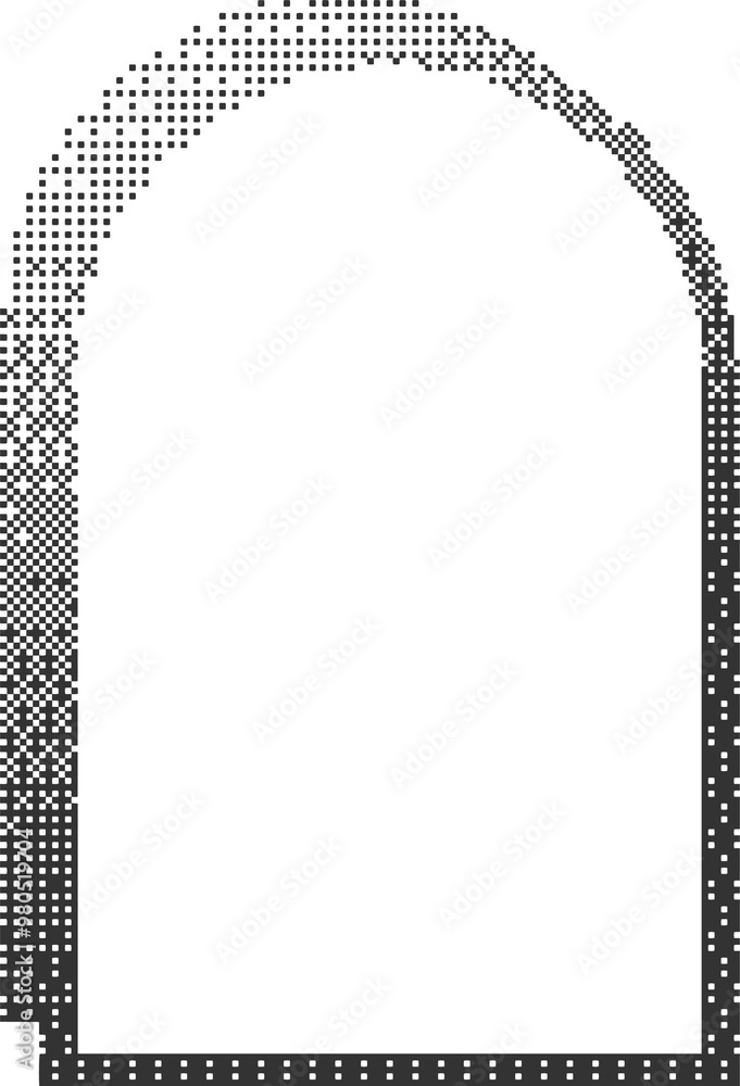 Poster pixel pattern frame. bitmap arch window. noisy arcade game gradient arc. dotted dither graphic eleme