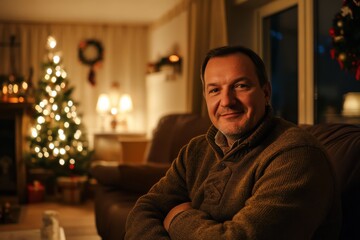 Fototapeta premium Cozy living room in Bulgaria decorated for Christmas with a festive tree, warm lights, stockings, and a man relaxing on the couch enjoying the joyful holiday atmosphere