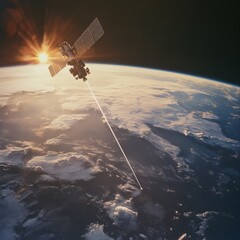 Obraz premium A satellite is soaring high above the Earth while the sun sets beautifully on the horizon creating a stunning view to behold