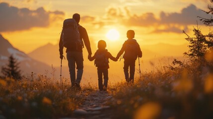 Family hiking in mountains at sunset holding hands enjoying the view