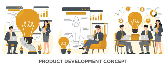 product development concept brainstorming, New product, teamwork, brainstorming, team work Startup business Flat illustration