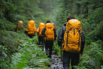 Group of hikers wearing yellow backpacks walking in lush green forest