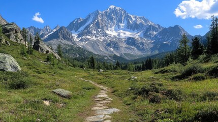 Fototapeta premium Hiking trail leading towards snowy mont blanc in the italian alps