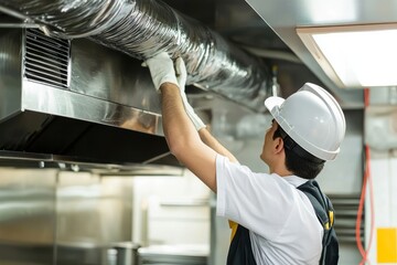 A Technician Services An HVAC System In A Restaurant Kitchen. The Maintenance Ensures Proper Ventilation And Comfort