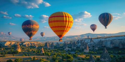 Fototapeta premium Hot air balloons floating over cappadocia turkey during magical sunrise