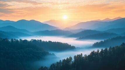 Obraz premium Serene Morning Sunrise over Misty Mountain Range and Forest Landscape - ai