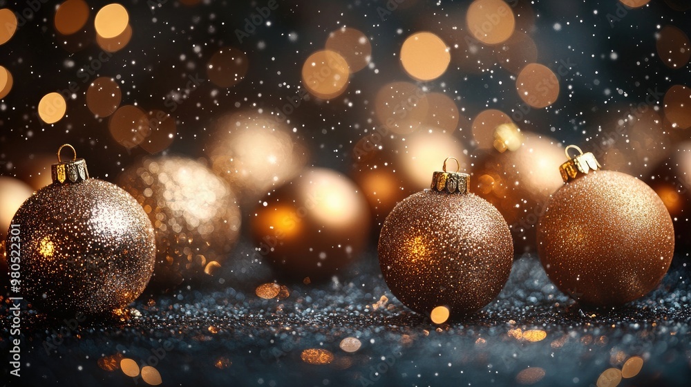 Poster golden christmas ornaments sparkling on a dark background with falling snow